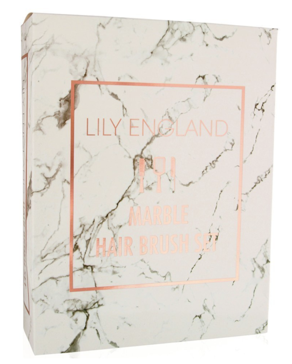Lily England Hair Brush Set - Paddle Brush, Round Blow Drying Hairbrush, Comb & Clips Marble & Rose Gold