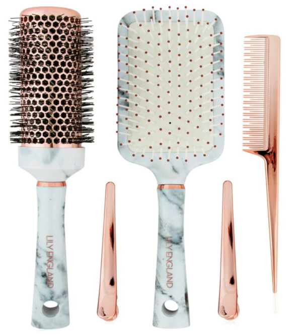 Lily England Hair Brush Set - Paddle Brush, Round Blow Drying Hairbrush, Comb & Clips Marble & Rose Gold